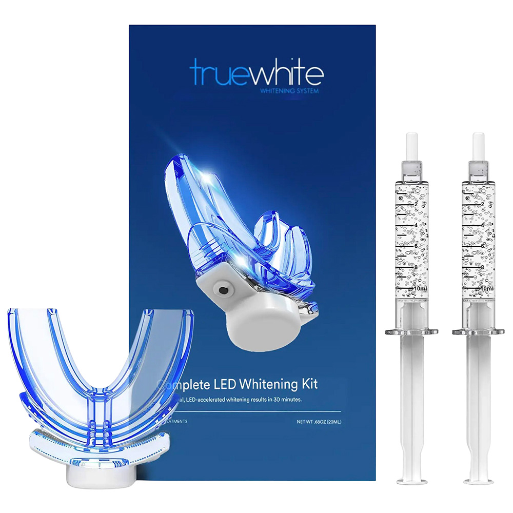 truewhite Ora LED Teeth Whitening Kit box with the LED mouthpiece and two whitening serum gel syringes